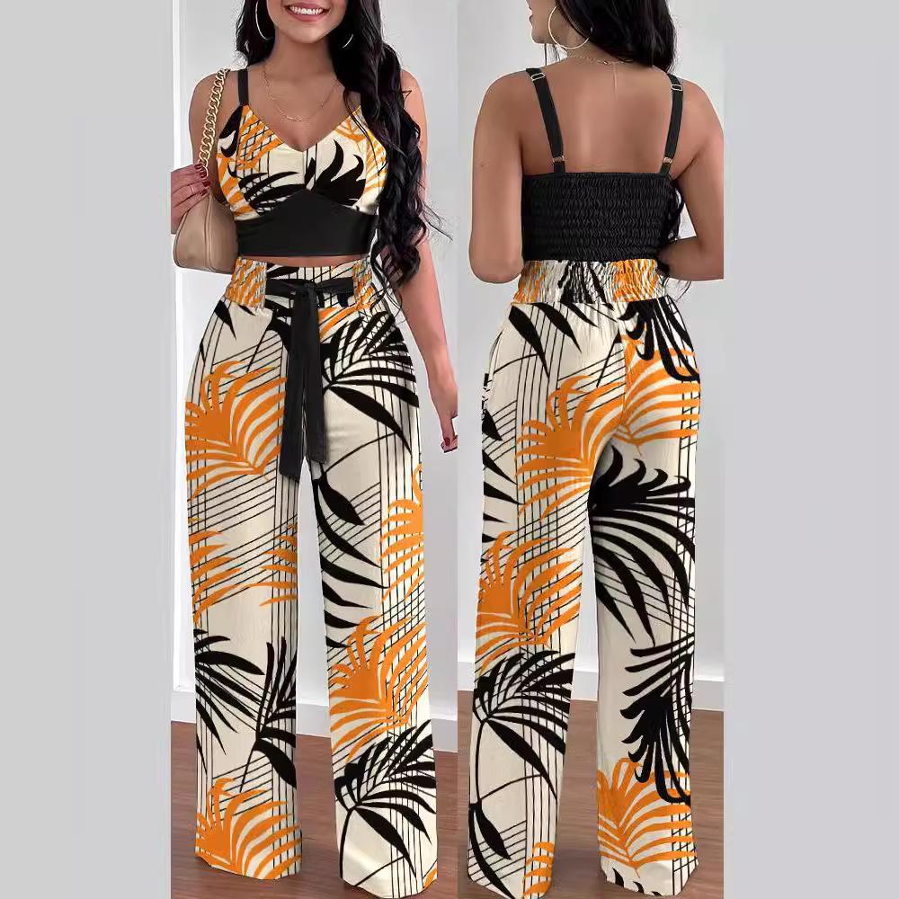 T9006 European & American Spring/Summer Fashion Print Camisole & Drawstring Long Pants Set