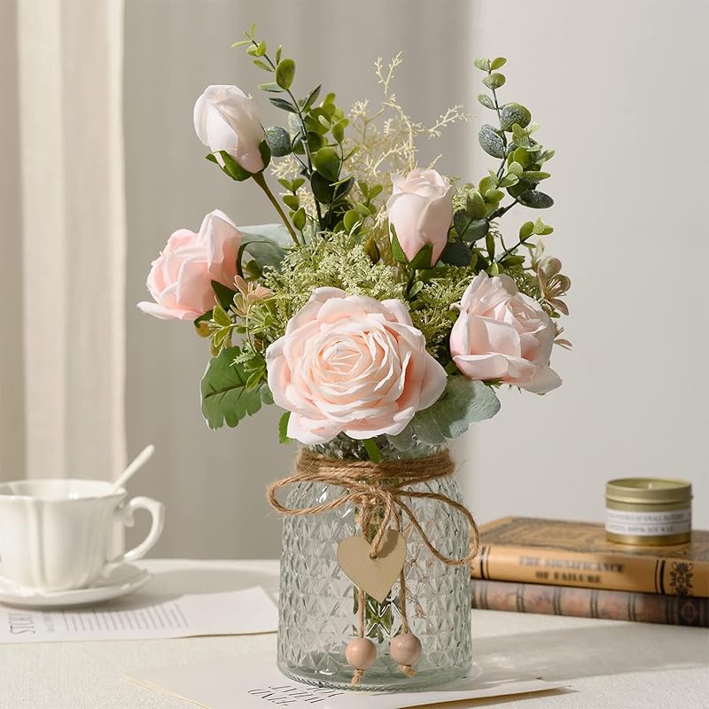 YJ Fake Flowers with Vase, Silk Roses Artificial Flowers in Vase, Faux Flower Plant Arrangement Suitable for Home Office Decoration, Dining Table