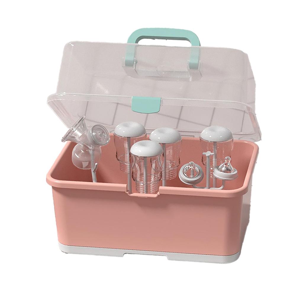 Alpha Depot Baby Bottle Drying Rack, Storage Box, Dustproof, Hygienic, with Cover, Portable, Large Capacity, Baby Gift (Pink)
