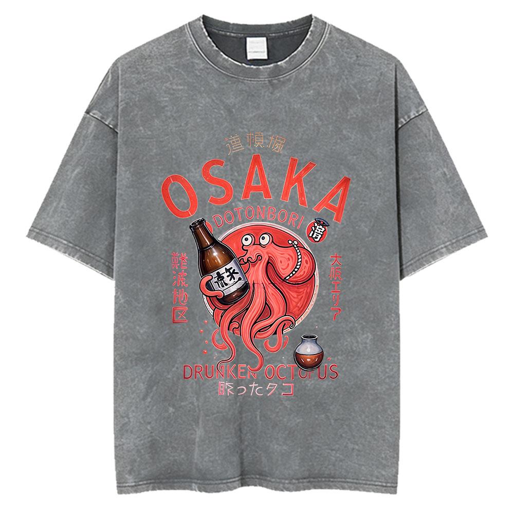 

Kawaii Cute Takoyaki Osaka Dotonbori Drunken Octopus Funny Washed T Shirts Mens Japanese Style Oversized Short Sleeve TShirts S