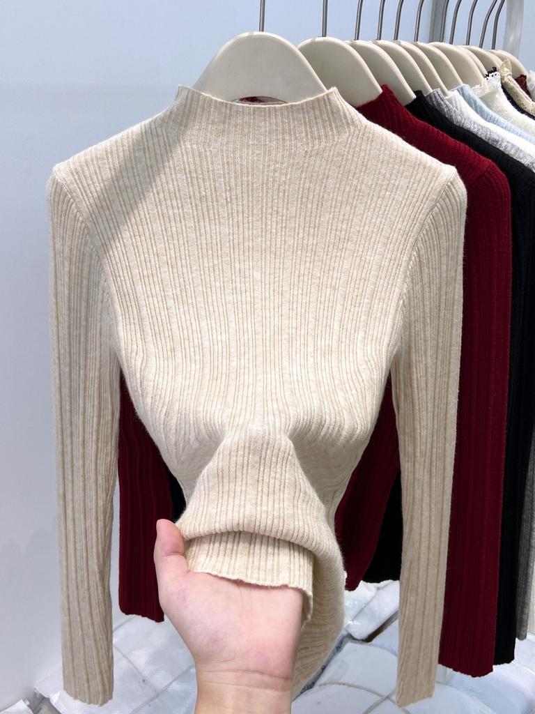 Small Stand-up Collar Pit Strip Knitted Bottoming Shirt Women's Spring Slim-fitting and Thin Inner Top High-end Sweater