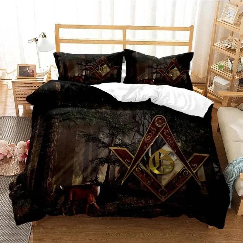 Masonic Freemason Illuminati  Bed Ensemble Boys Girls Twin Size Queen Dimension Size Bedspread Cover Pillowcase Bed Kids Adult