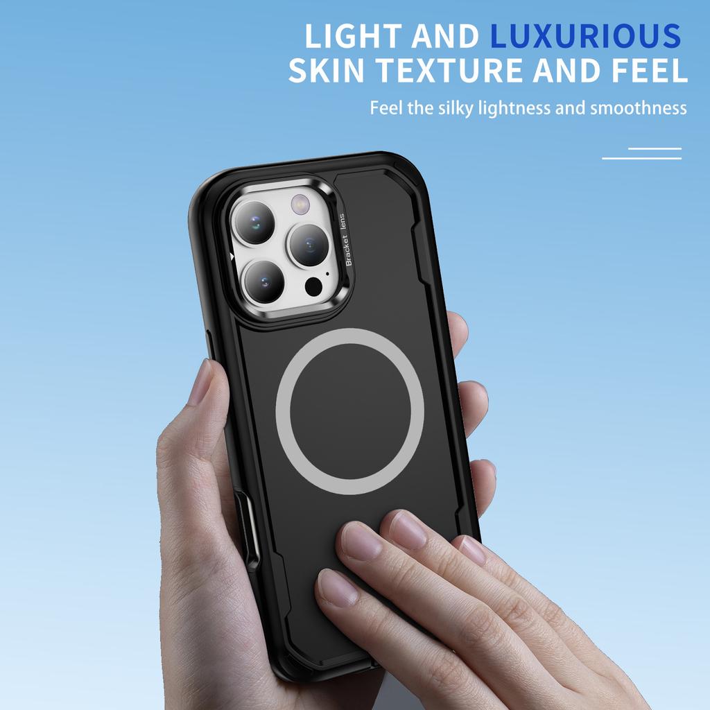 For iPhone 16 Pro Max Case Compatible with MagSafe Lens Frame Kickstand TPU + PC Shockproof Phone Cover