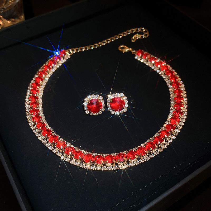 Luxury Necklace Earrings Sets Green Crystal Necklace Women Weddings Bride Jewelry Accessories