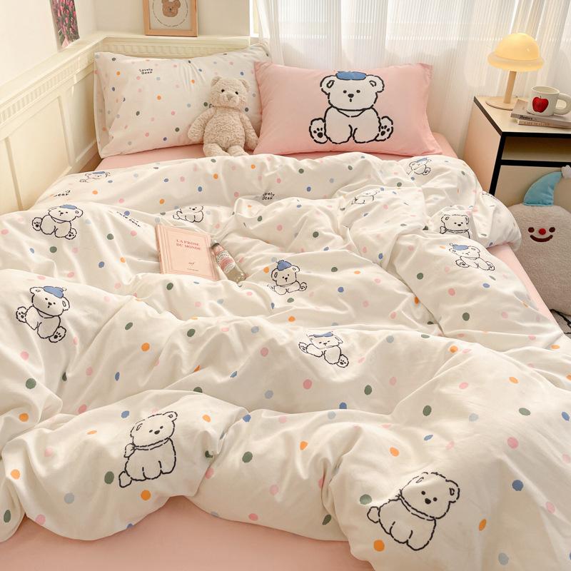 Class A Maternal And Infant Grade, Washed Cotton Cartoon Four-Piece Set, Xiaoxiangfeng Bed Sheet Quilt Cover, Student Dormitory 3Pcs Set