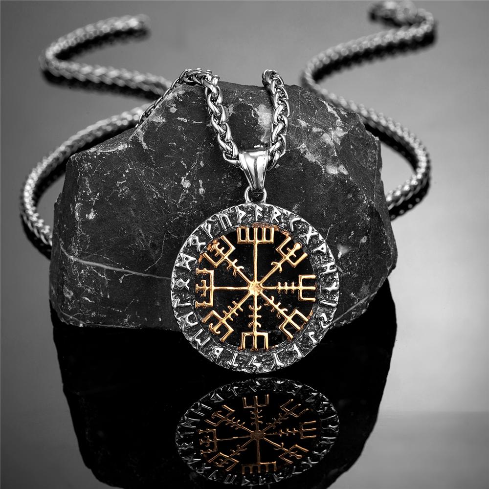 

Viking Compass Necklace Men Gold Stainless Steel Vegvisir Pendant Norse Runes Never Fade Jewelry 60CM