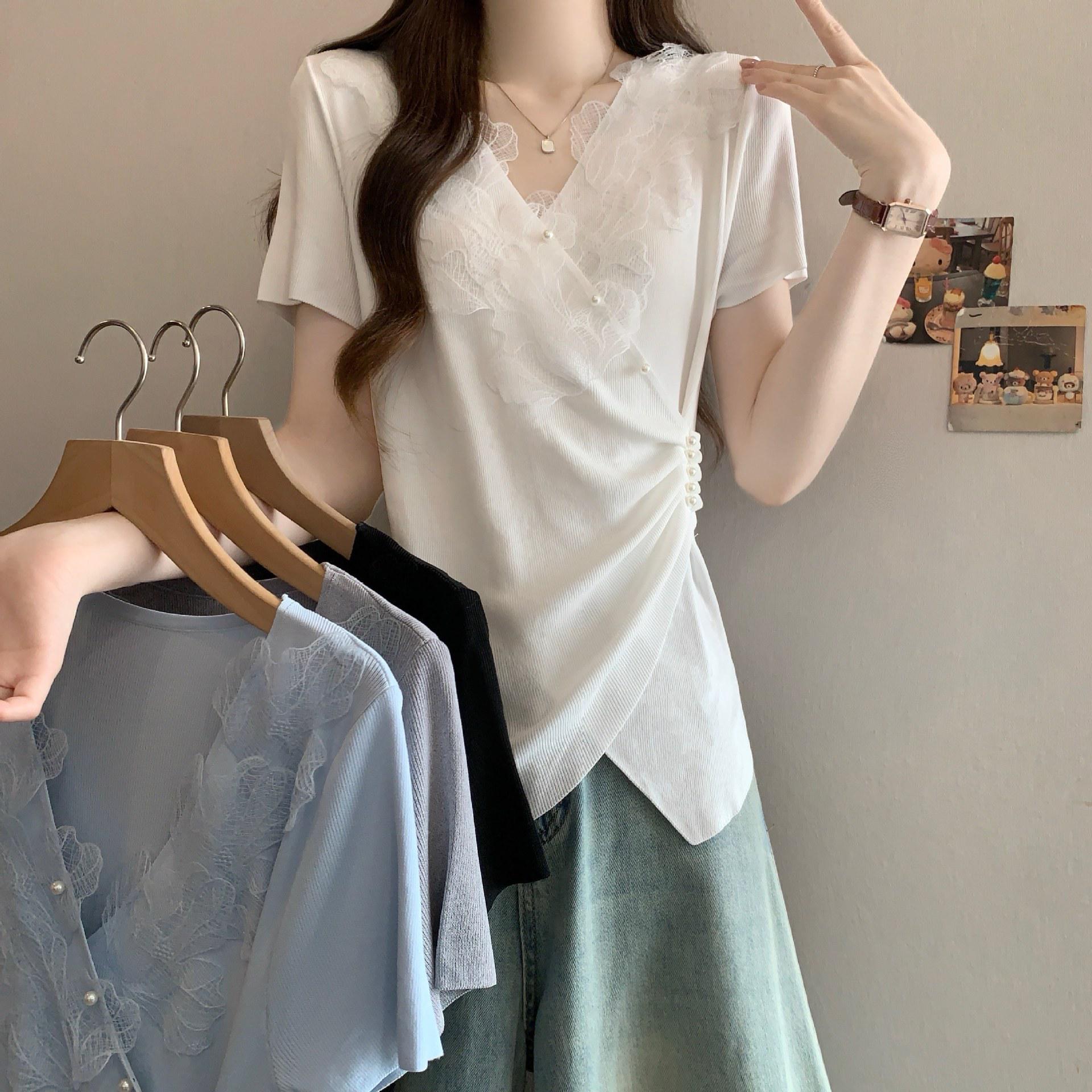 Plus Size Irregular Lace V-Neck Short Sleeve Cinched Waist T-Shirt for Women L чёрный