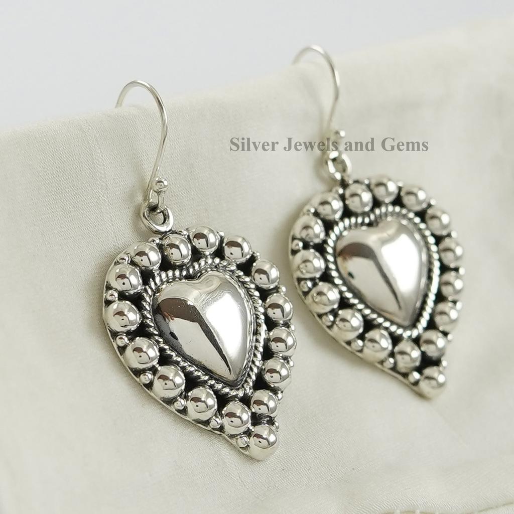 Puffy Heart Dangle Earring, Handmade Puffed Earring, 925 Sterling Silver Earrings, Gift for Wife, Designer Silver Earrings