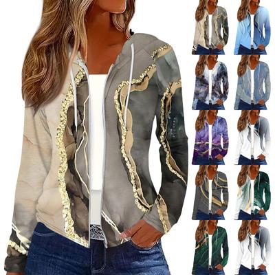 Women's Fashion Casual Zip Up Hooded Print Long Sleeve Sweatshirts Coat