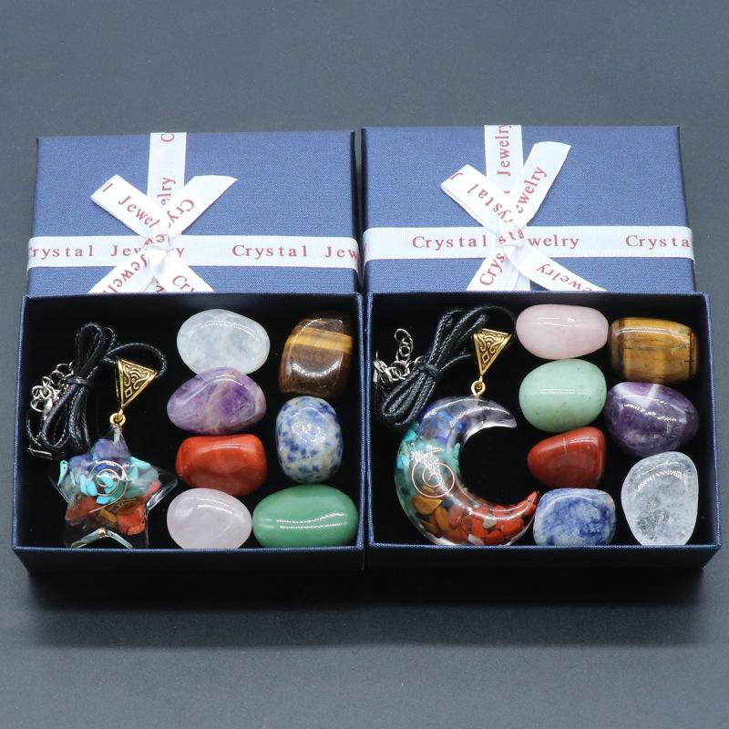 Rainbow Chip Stone Resin Moon Star Necklace 7pcs Irregular Boxed Set Chakra Healing Gemstone Yoga Jewelry