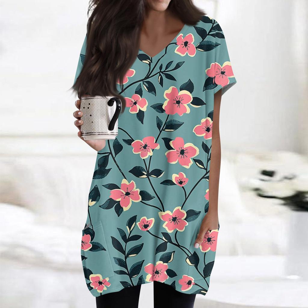 Damen Retro Blumen- und Blätterdruck V-Ausschnitt Midi Tasche Kurzarm Top