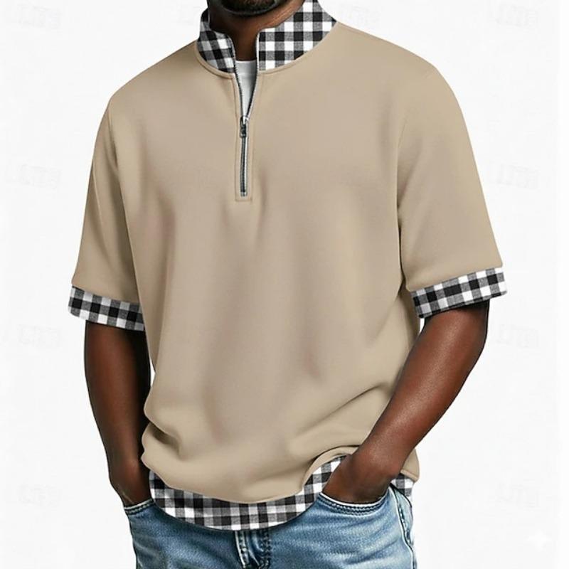 Mens Plaid Patchwork Half Zip Mock Neck Short Sleeve T Shirt