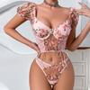 2 Stück Sexy Spitze Blumenstickerei Unterwäsche Set Damen BH Mesh Puffärmel Halter Top mit Bügel BHs und String Sets