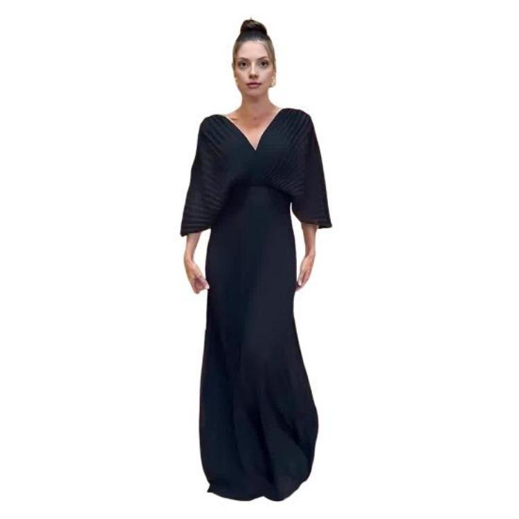 

Women Wedding Guest Maxi Dress Flowy A Line High Waist V Neck Batwing Sleeve Pleated Chiffon Dress 3XL чорний