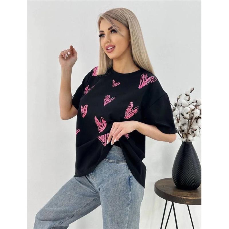 

Мультяшная рубашка оверсайз с принтом сердечек и короткими рукавами - Модная, милая, омолаживающая повседневная модель XL чёрный