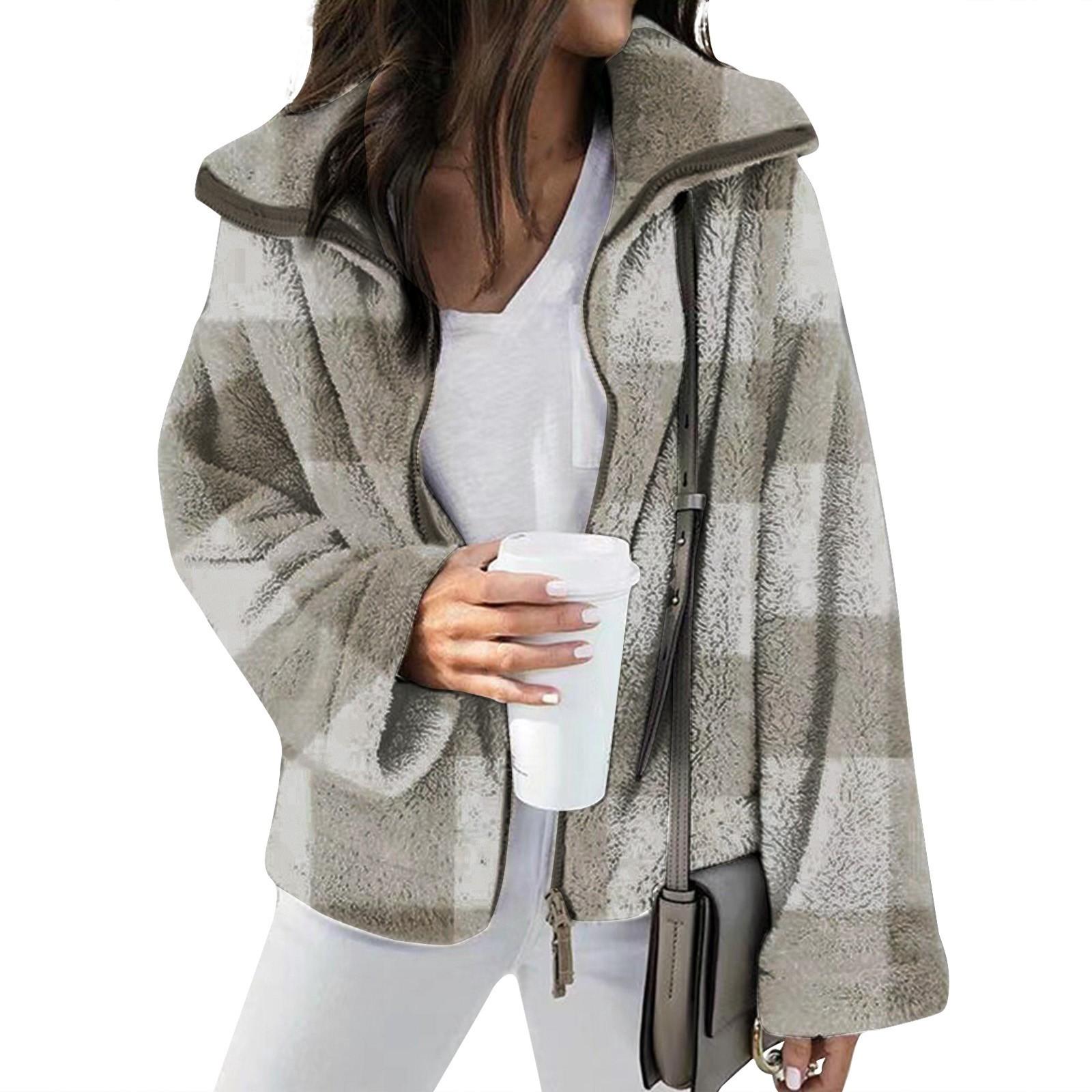 

Женская модная повседневная двусторонняя плюшевая клетчатая куртка M белый