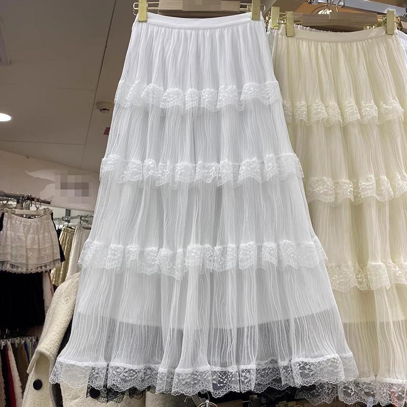 2025 Spring/Summer Women's Lace & Tulle Tiered Midi Skirt with Elastic Waist