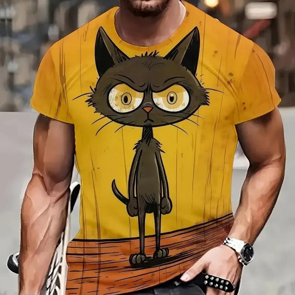Animal T Shirt For Men Summer Short Sleeve Cat Print T-Shirt Fashion Streetwear Oversized Clothing Casual Crew Neck Pullover