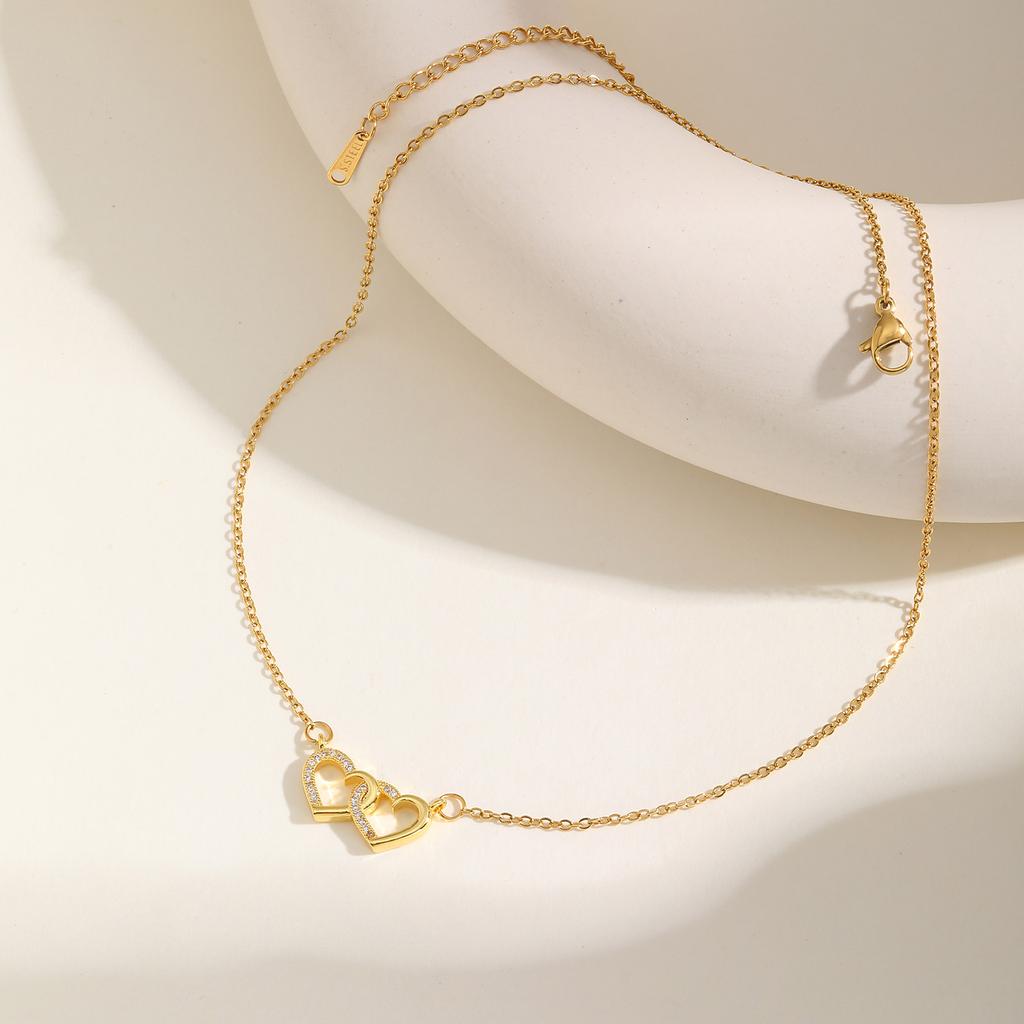 Exquisites Zirkon Doppelherz Halskette für Damen, Flache Rolo Kette Edelstahl Halsketten, Mode Wasserdichte Schmuck Geschenke