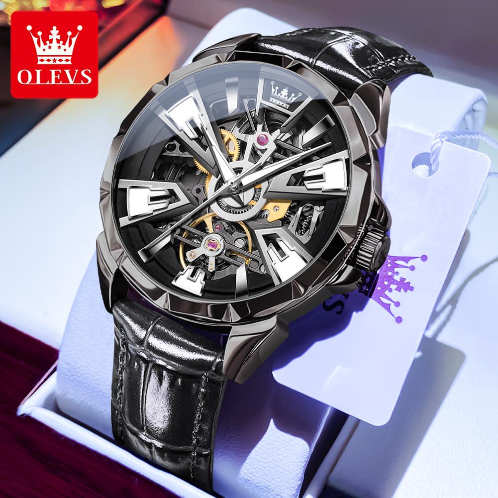 OLEVS New Skeleton Automatic Man Watch Original Leather Strap Hollowed Fashion Men's Mechanical Watch Waterproof Watches for Men