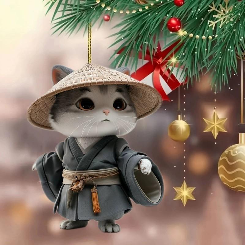 Straw Cat With Hat Acrylic Car Pendant For Christmas Party Decor Interior And