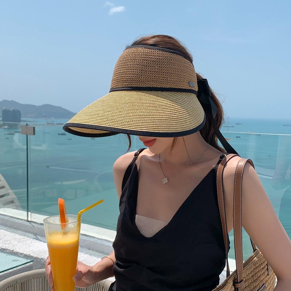 Foldable Straw Sun Visors for Women Sun Protection Wide Brim Bowknot Sun Hat Empty Top Breathable