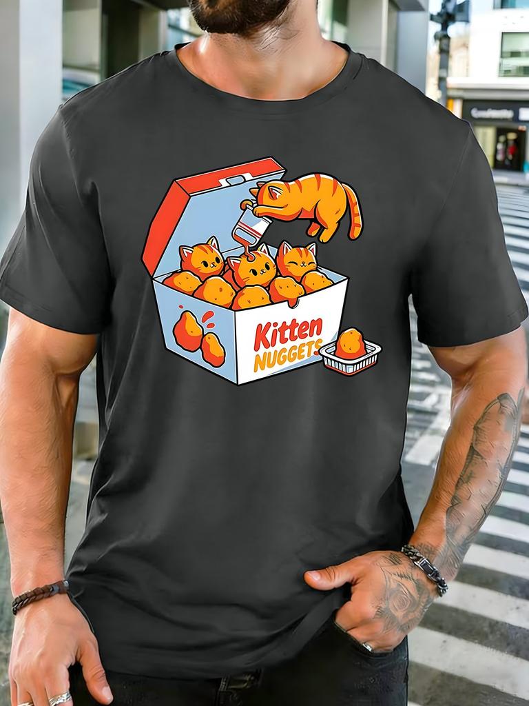 Unisexs Royal Blue Crew Neck Tee Kitten Nuggets Fast Food Box Graphic Print Loose Summer Street Casual Daily Basic Short Sleeve Top