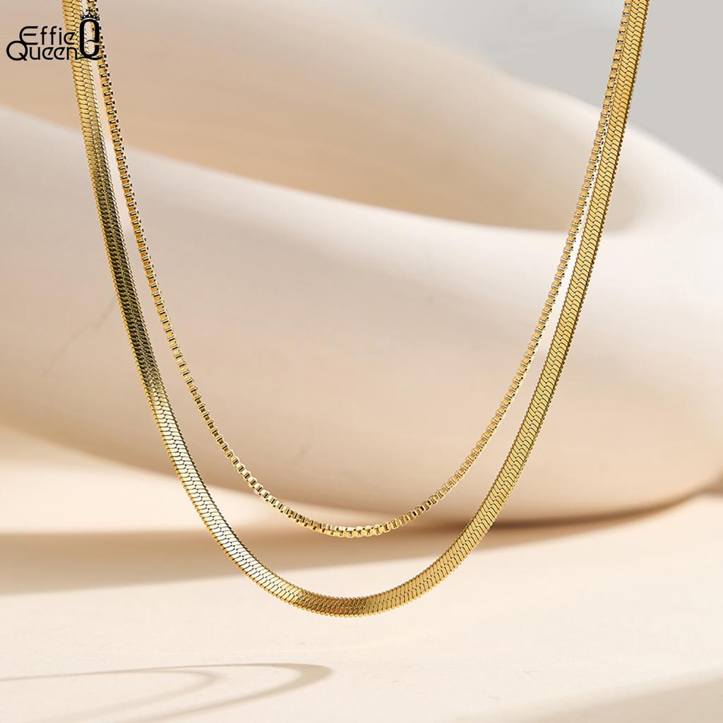 EFFIE QUEEN Stainless Steel 18k Gold Double Layered Snake Chain Choker Necklace Simple Jewelry for Women Banquet Party STCC03
