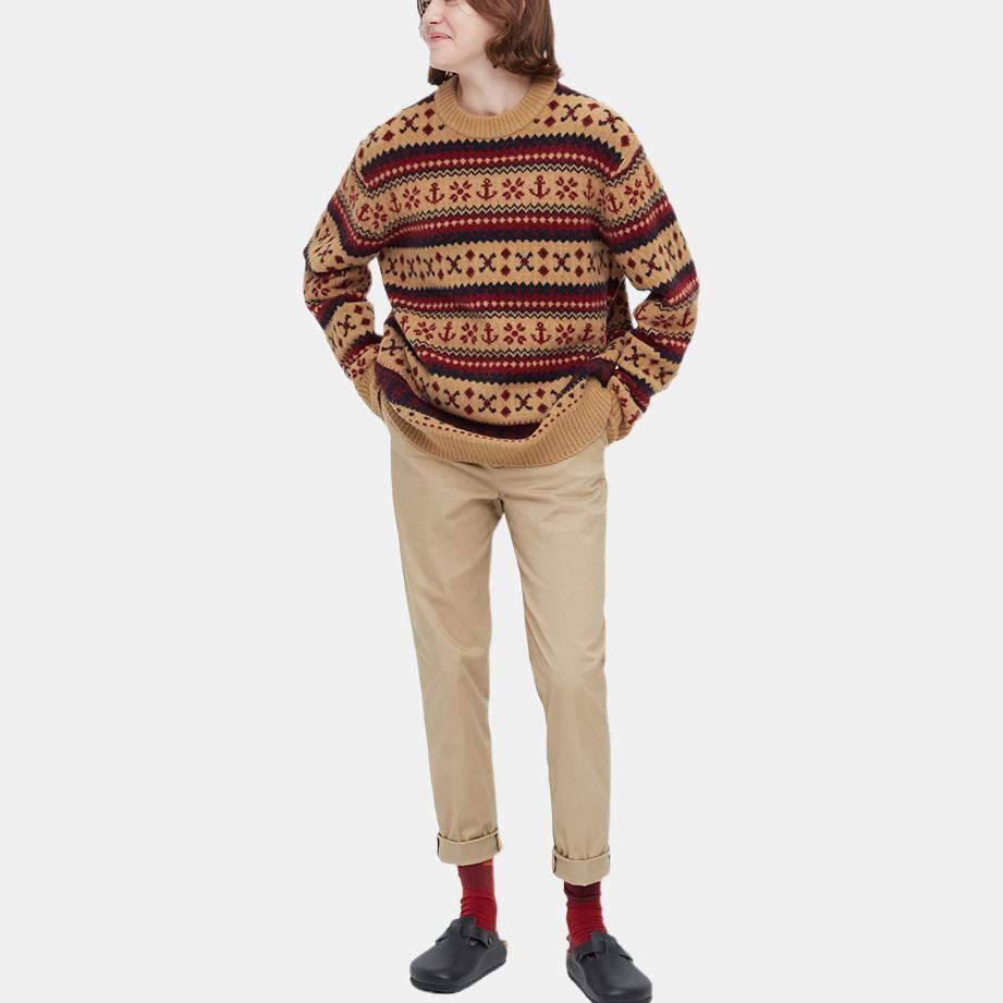 Uniqlo Pulover decorativ cu dungi gât rotund manecă lungă FW22 Pulover bărbați Bej-Închis 451614-32