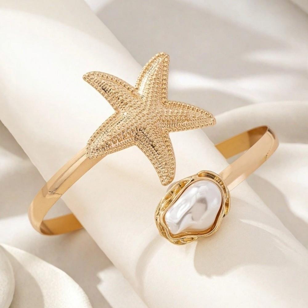 Metal Women Bracelet Imitation Pearl Armlet Jewelry Simple Starfish Open Cuff Bangles Gift