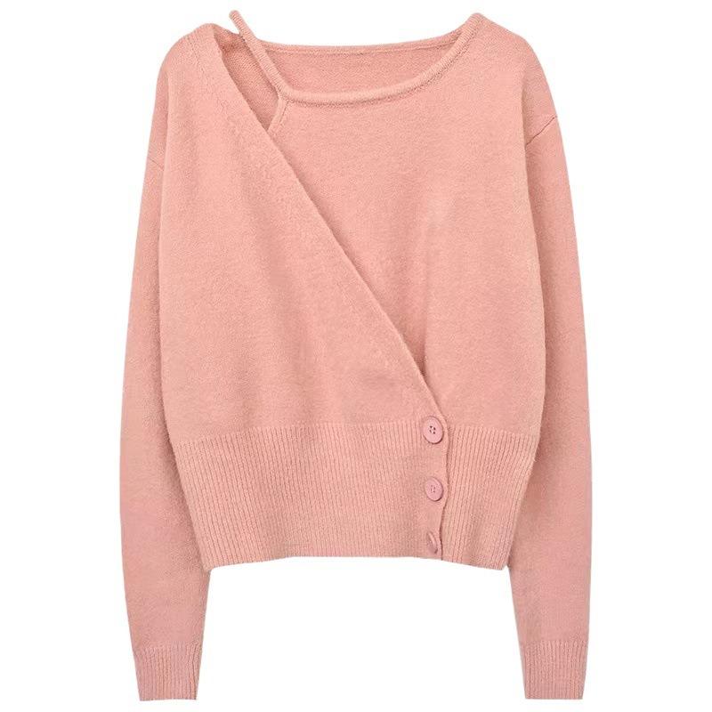 Korean Autumn Chi Design Sense Irregular Fake Two-piece Three Button Waist Knitted Sweater Top