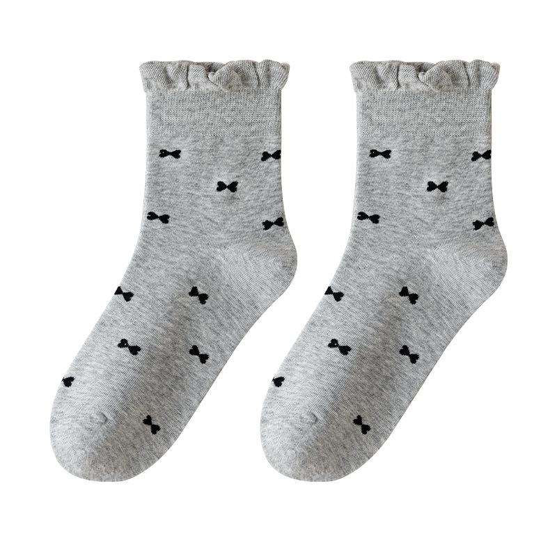 5 Pairs Lace Stacked Socks Mid-calf Socks Spring and Summer Thin Cotton Socks Breathable Versatile Wooden Ear Edge Small Bow Socks Female