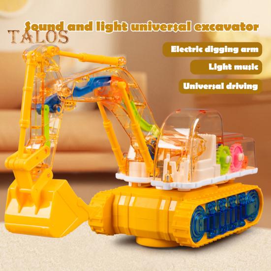 Clear Mechanical Gear Excavator Toy with Colorful LED Lights Music Movable Digging Arm Electric Construction Vehicle Toddlers Boys Educational