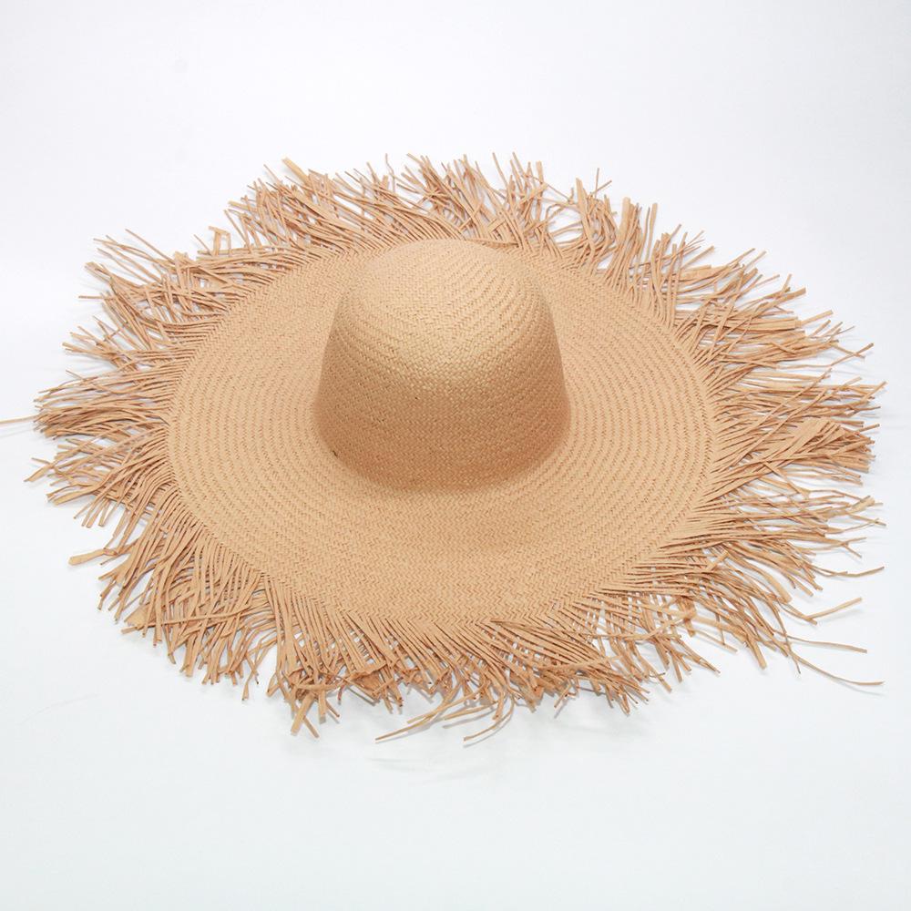 Women's wide-brimmed hat, tassel floss beach hat, foldable pure woven sun-visor, white and black paper straw round hat