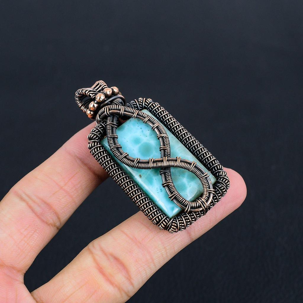 Larimar Pendant Gemstone Jewelry, 999 Copper Wire Wrapped Pendant, Handmade Jewelry Birthstone Pendant, Gift For Him