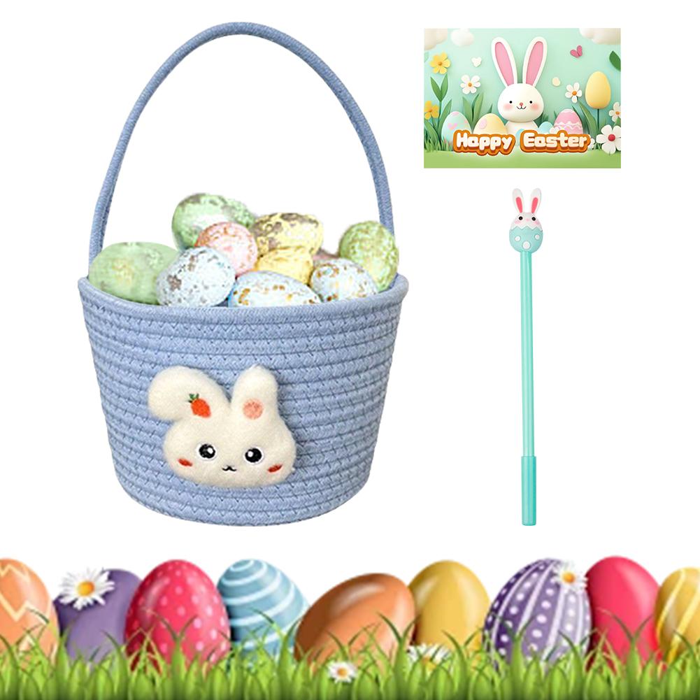 Easter Basket with Handle Bunny Gift Basket Cotton Thread Hand-Woven Basket Easter Gift Storage Basket for Girls Boys