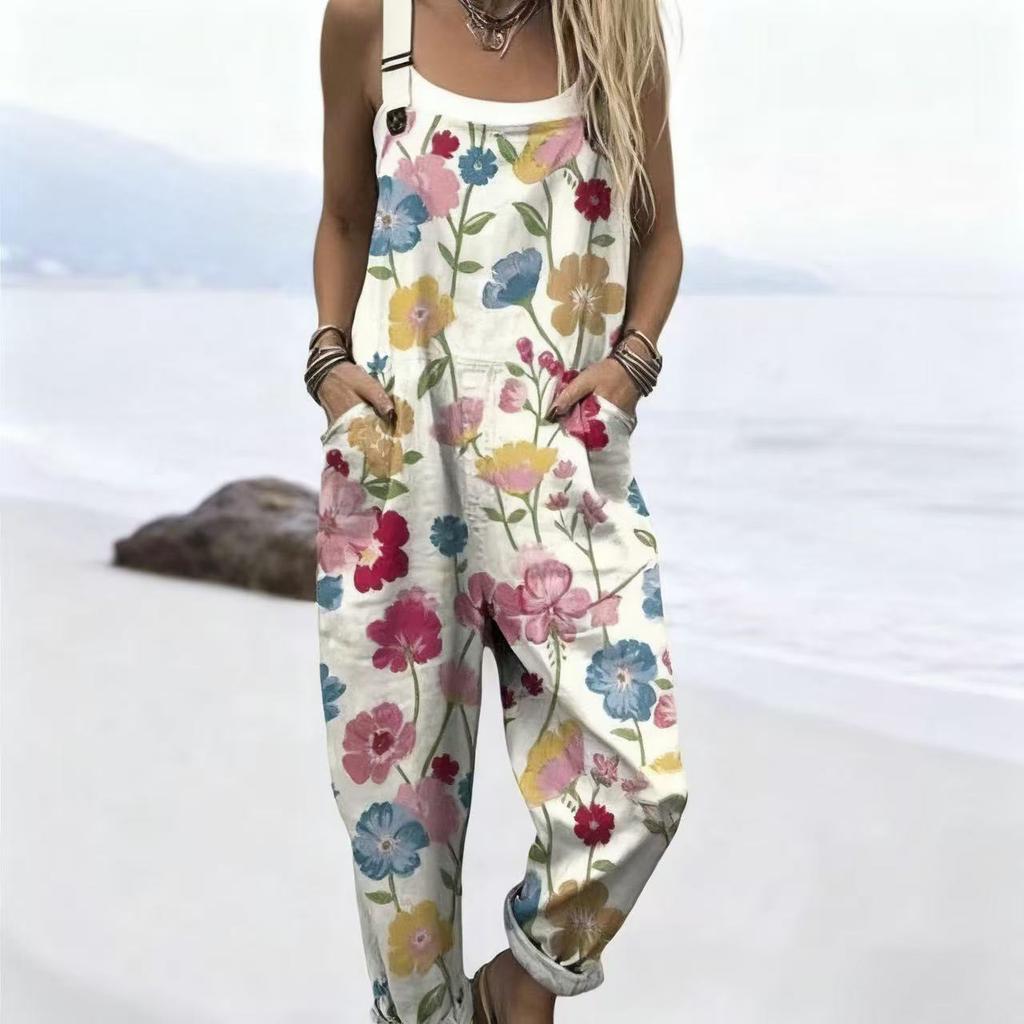 Women's Sleeveless Mid Rise 3D Digital Print Loose Casual Overalls Jumpsuit For Summer