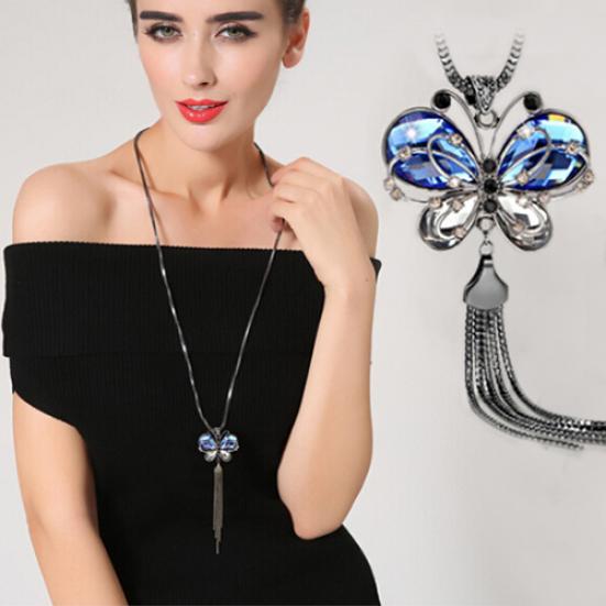 Collier avec pendentif papillon pour femmes, glands en strass, longue chaîne de pull, bijoux
