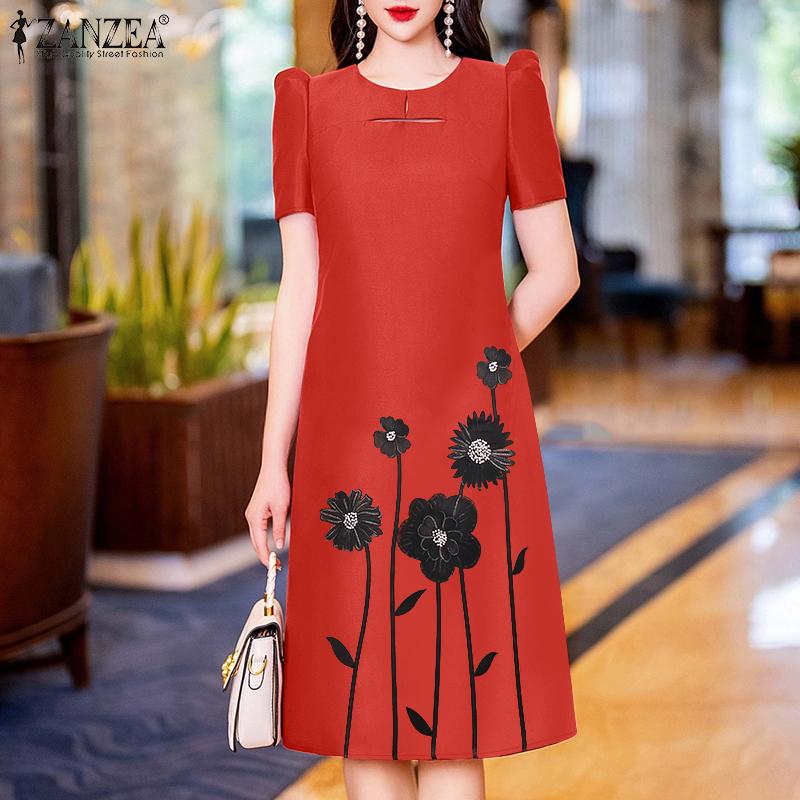 ZANZEA Women Casual Summer Round Neck Short Sleeve Print Dress
