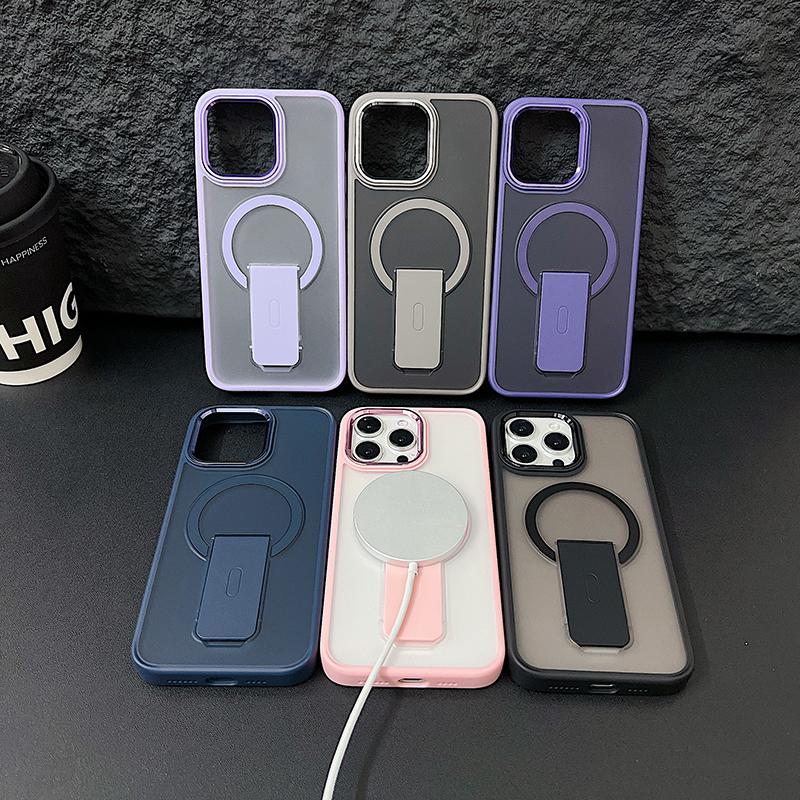 For Magsafe Solid Color Matte Soft TPU Border Bracket Shockproof Phone Case For IPhone 15 Pro Max 13 12 11 14 Pro Max Plus Cover
