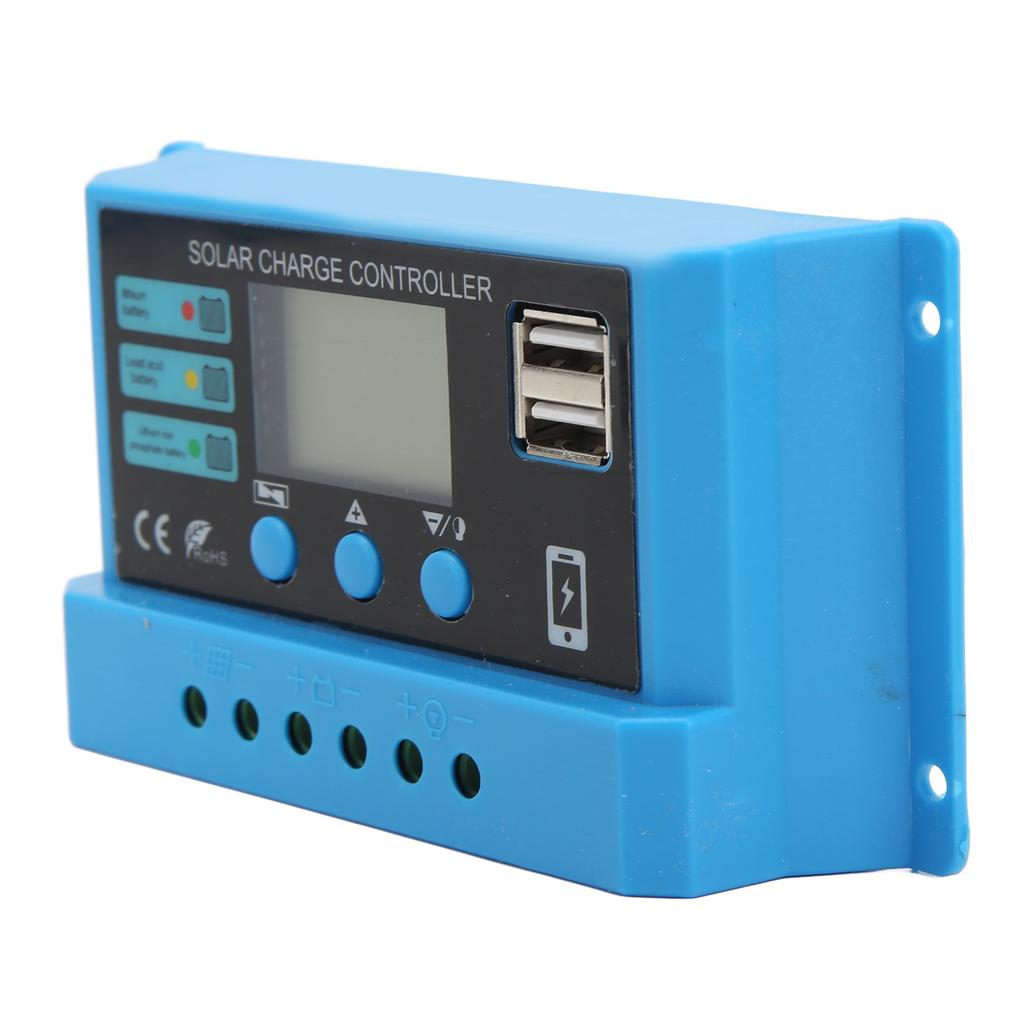 12V 24V Solar Panel Controller LCD Display Photovoltaic Charge Controller with Connectors Blue 20A