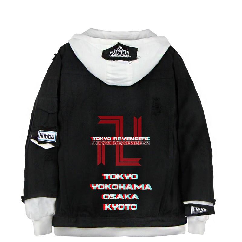 Tokyo Revengers Anime Denim Jacket Fake Two-piece Hoodie Men Youth Streetwear