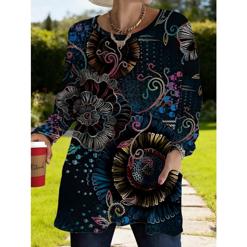 Women's long-sleeved round-neck T-shirt, suitable for spring, autumn and winter seasons. It has pockets and print designs. machine washable.