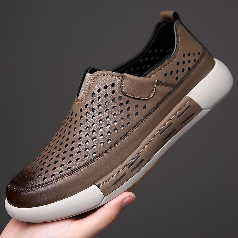 2024 Summer New Men's Hollow Breathable Leather Sandals Men's Hole Shoes Round Head Casual Leather Shoes Overshoes 7025