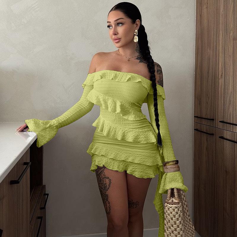 2024 Autumn Strapless Ruffle Off-the-Shoulder Bell Sleeve Sash Dress