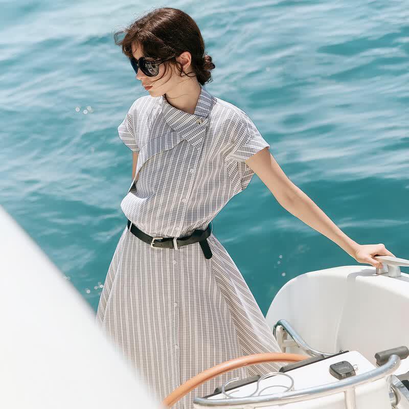 ELLE Women's Retro Stripe Asymmetric Shirt Dress