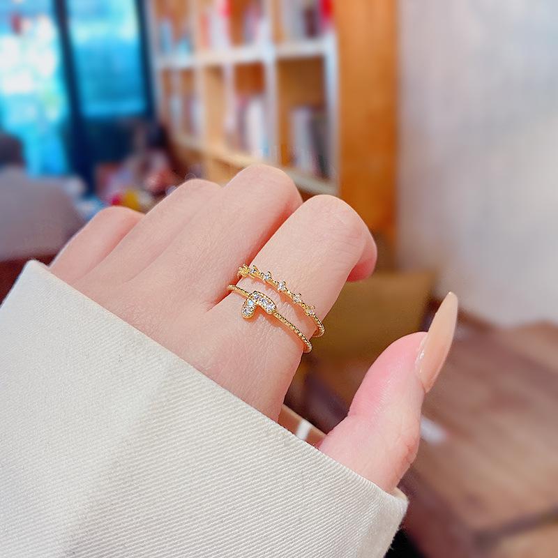 Trendy Love Double Layer Zircon Ring: Fashionable, High-Grade, Open Index Finger Ring for Women.