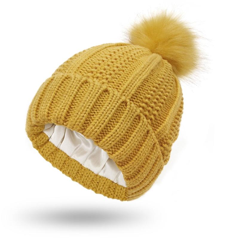 

Casual Knitted Hat Fashion for w/ pompom Thick Solid Color Warm Hat Fall Winter жёлтый