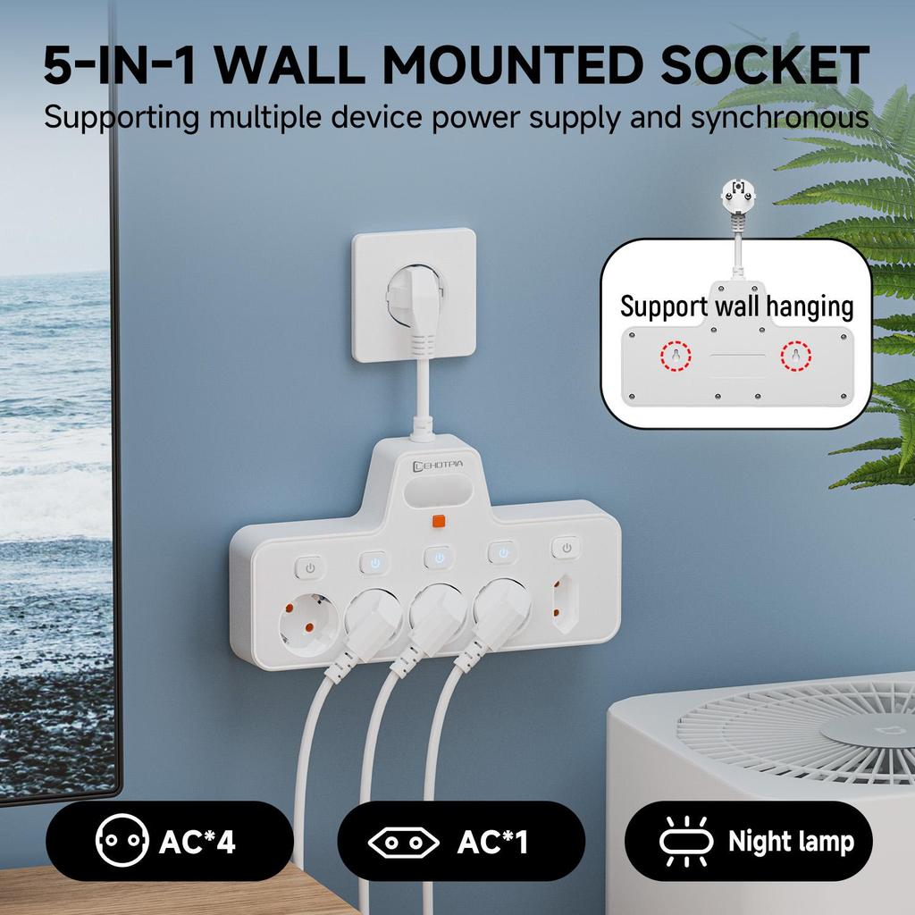 European standard multi socket lighting power socket, made of PC fire-resistant and flame-retardant material, equipped with small night lights