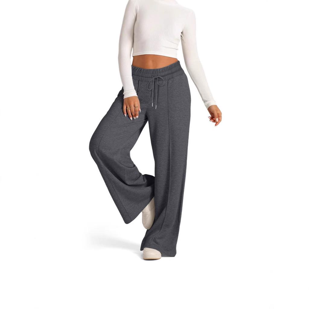 Women's Mid Rise Drawstring Wide Leg Pants Loose Fit Solid Color Casual Trousers